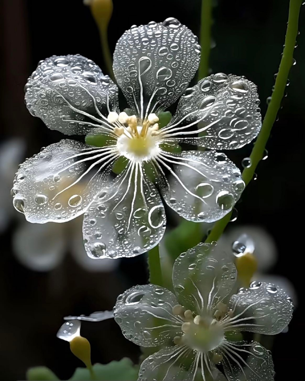 好美的山荷叶花,淋雨后变成透明,雨过天晴后变回白色,它的花语是"纯净