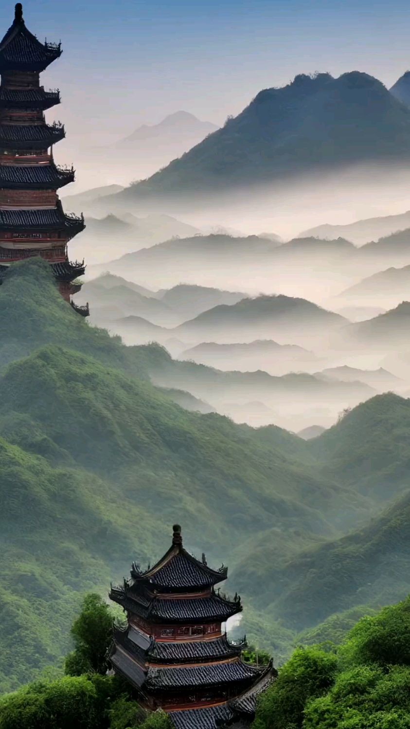 我欲提笔绘江山,点点云烟绕心尖 远眺重山青如黛,连绵不绝白云间