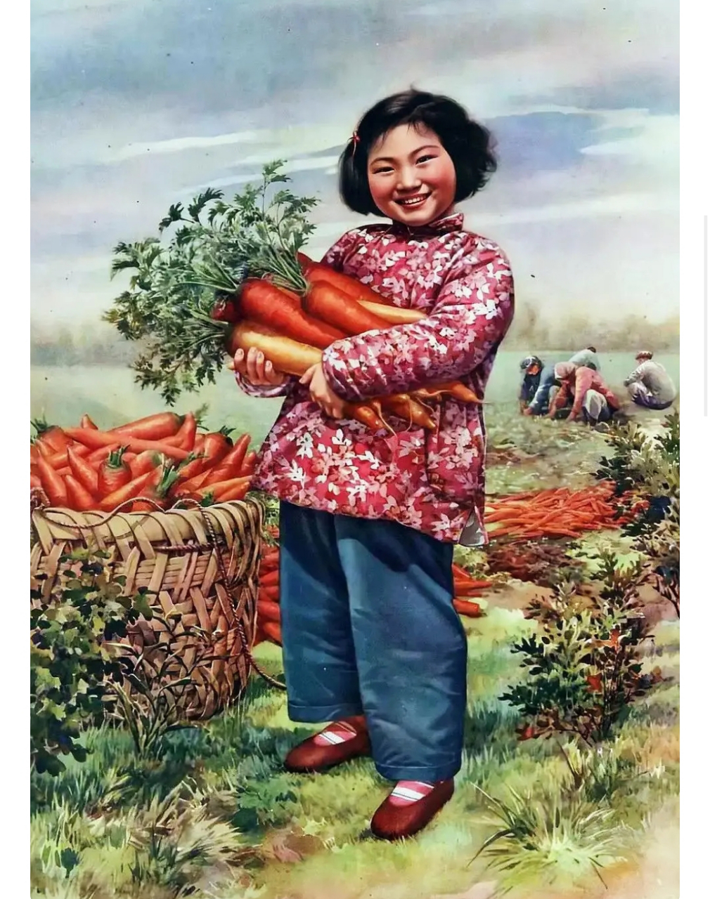 1958年出版的《我们社里的胡萝卜》年画,作者是金梅生,农村合作社是