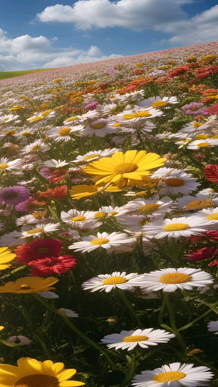 近处野花,天边山丘,蓝天白云,治愈心情,人间仙境