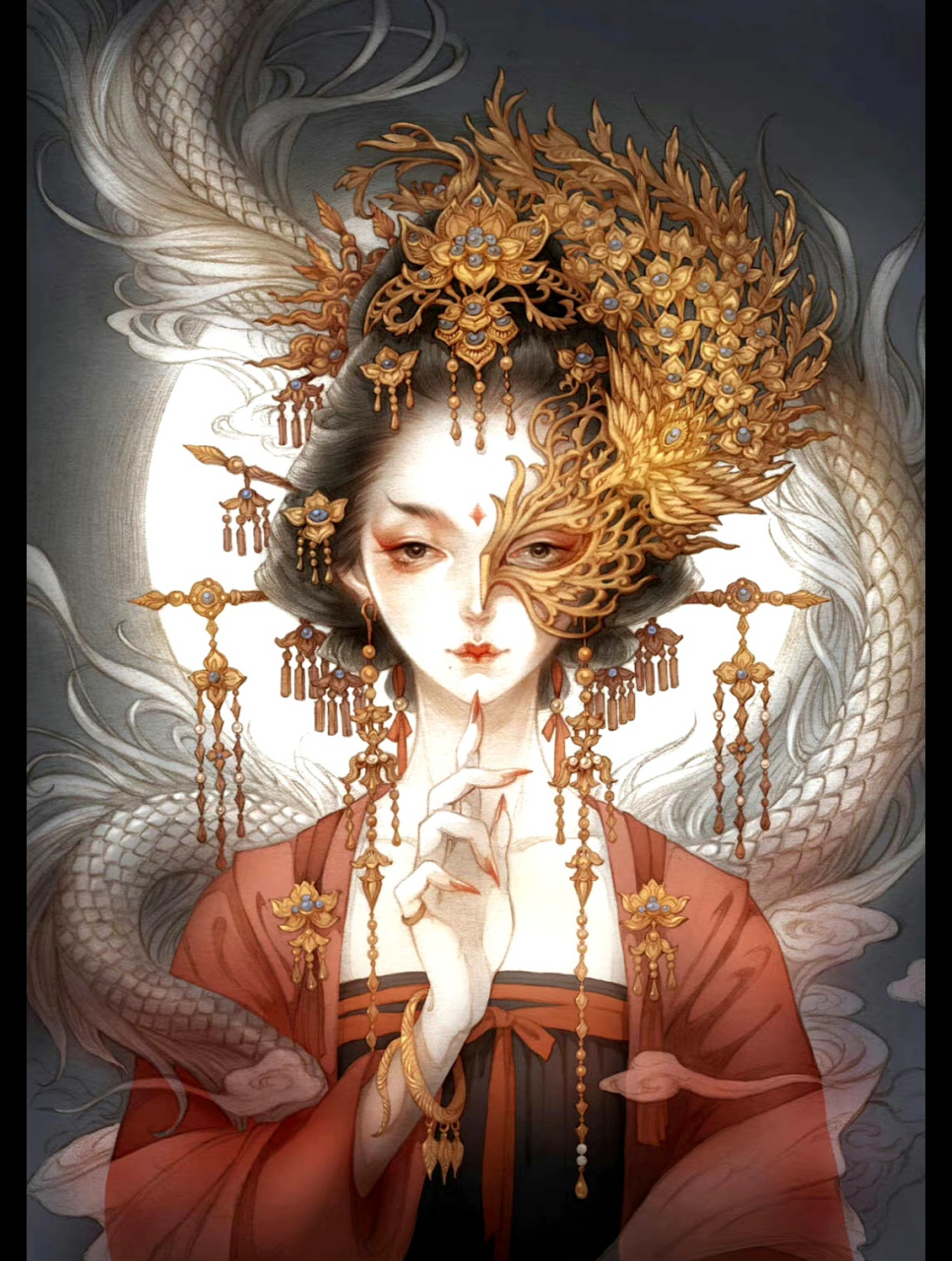 古戈力老师古风插画作品欣赏,红装半面与古佛.