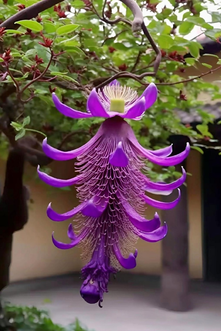 分享图片:自然界的奇花异草,紫花西番莲与粉色吊钟花