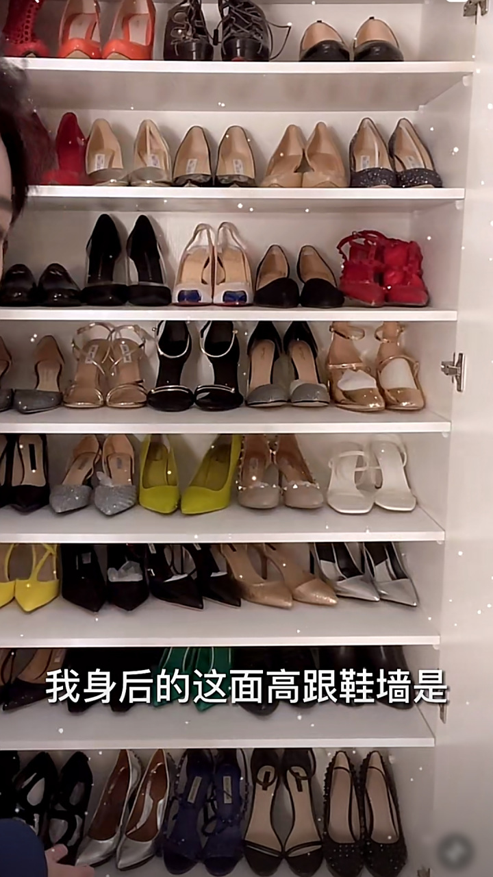 女友李晓峰高跟鞋多到数不过来,摆了一面墙,李晓峰大方展示自己的鞋柜