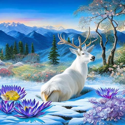ai唯美风景:雪莲花,雪山,白鹿,梦幻蓝莲花