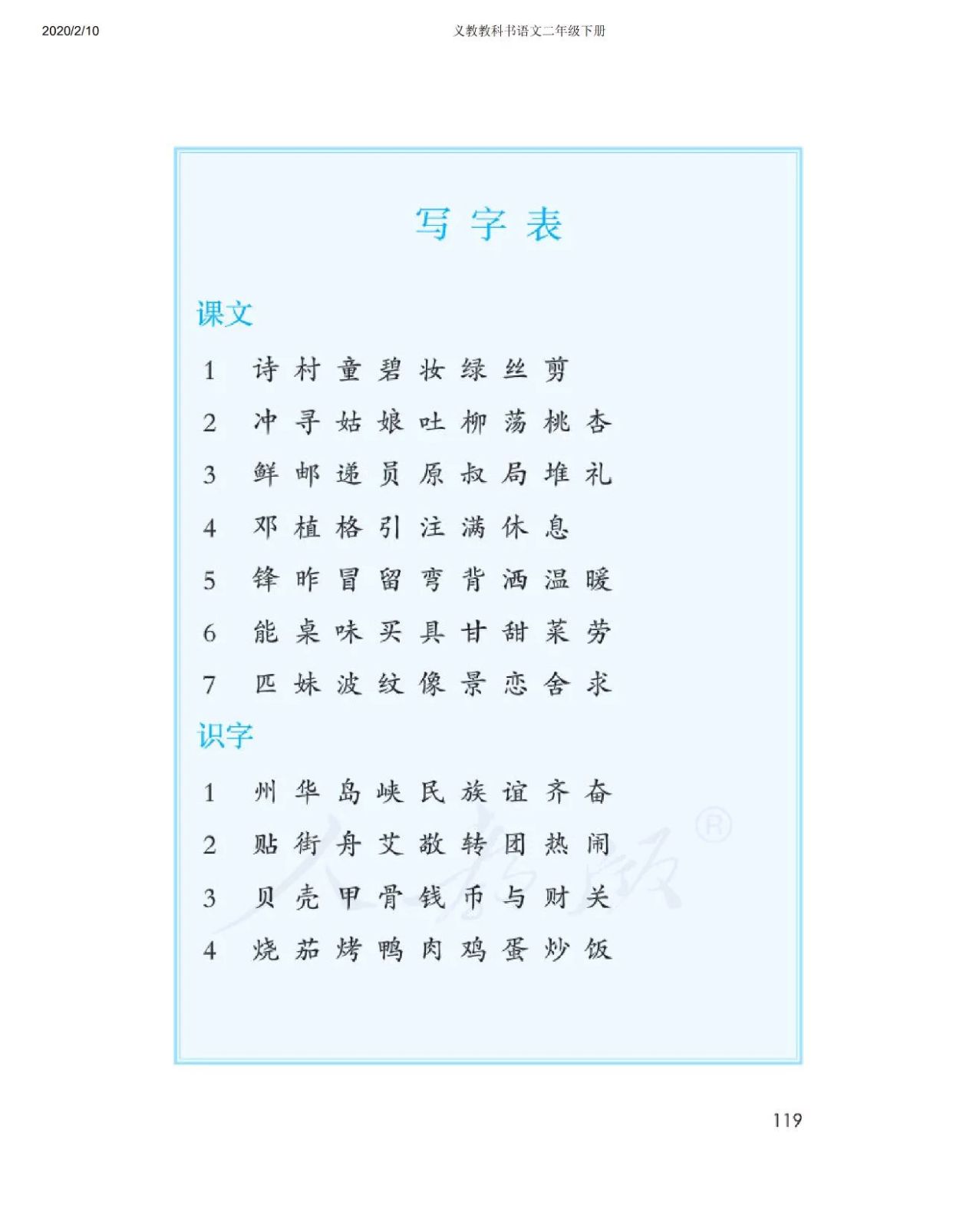 人教版二年级下册语文生字词语表归纳