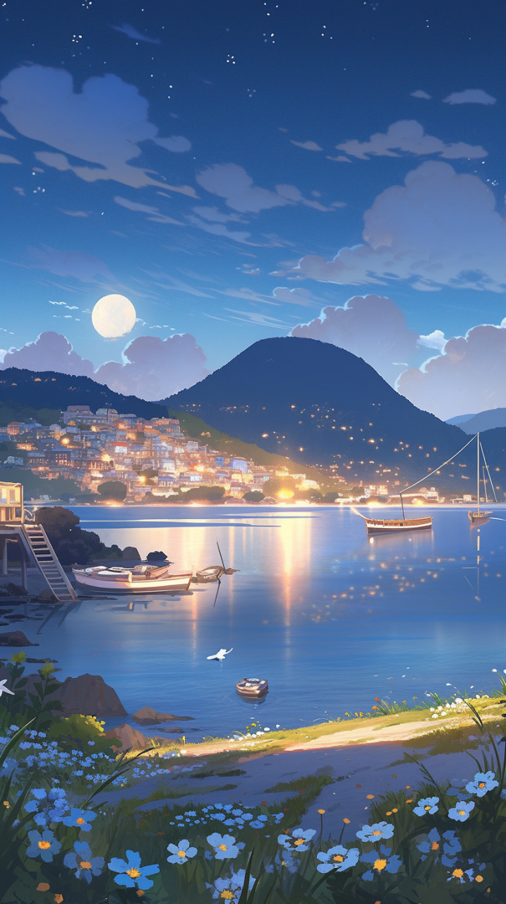 美丽的港湾夜景#ai绘画# #二次元# #场景