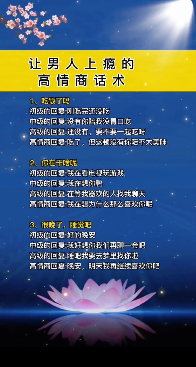 让男人上瘾的 高情商话术 1,吃饭了吗 初级的回复:刚吃完还没吃 中级