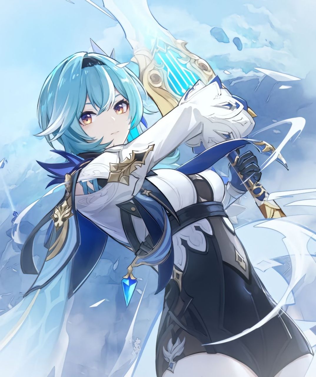 原神性感丰满的身材,穿着紧身的战斗服装,篮色的头发,使用双手剑,这就