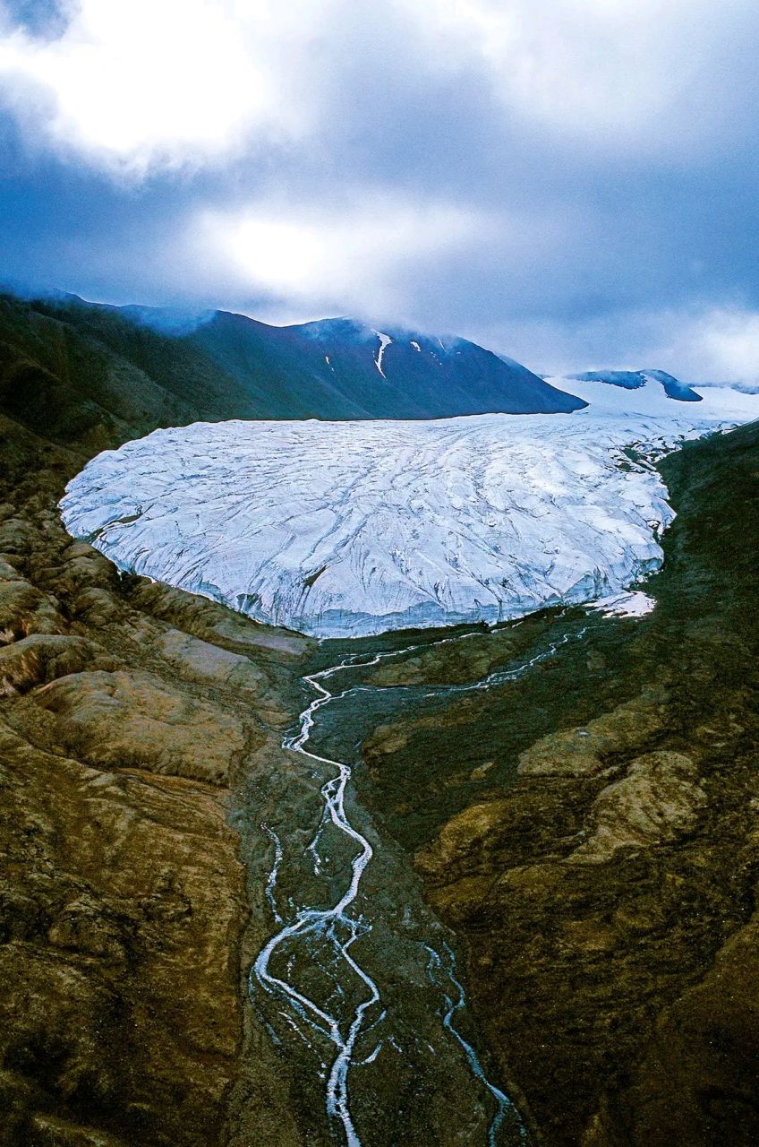 在长江源区各拉丹冬雪山下,洁白的姜根迪如冰川从山谷中蜿蜒而下,在