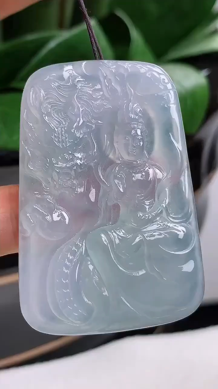 御龙观音菩萨天然a货翡翠老坑冰润御龙观音吊坠 尺寸54.837.