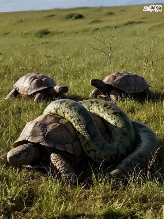 草地博弈!巨蛇缠绕乌龟,旁边龟群 "围观" 太离奇