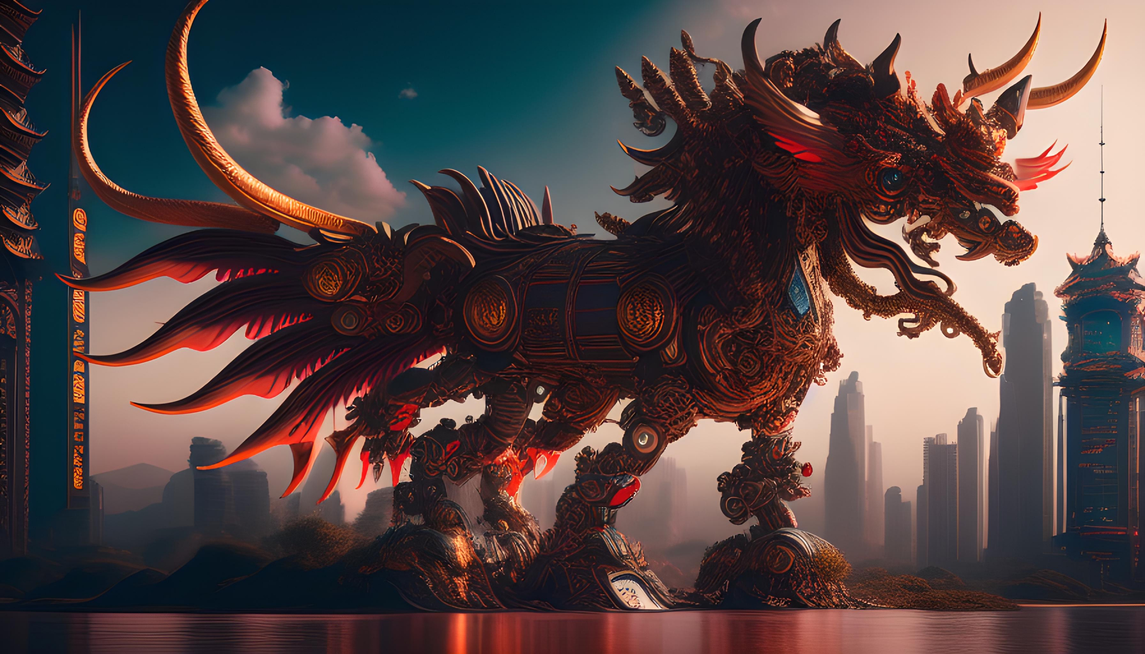 尝试出些上古神兽#四大神兽#  赛朋机械风,超现实照片 青龙 93 朱雀