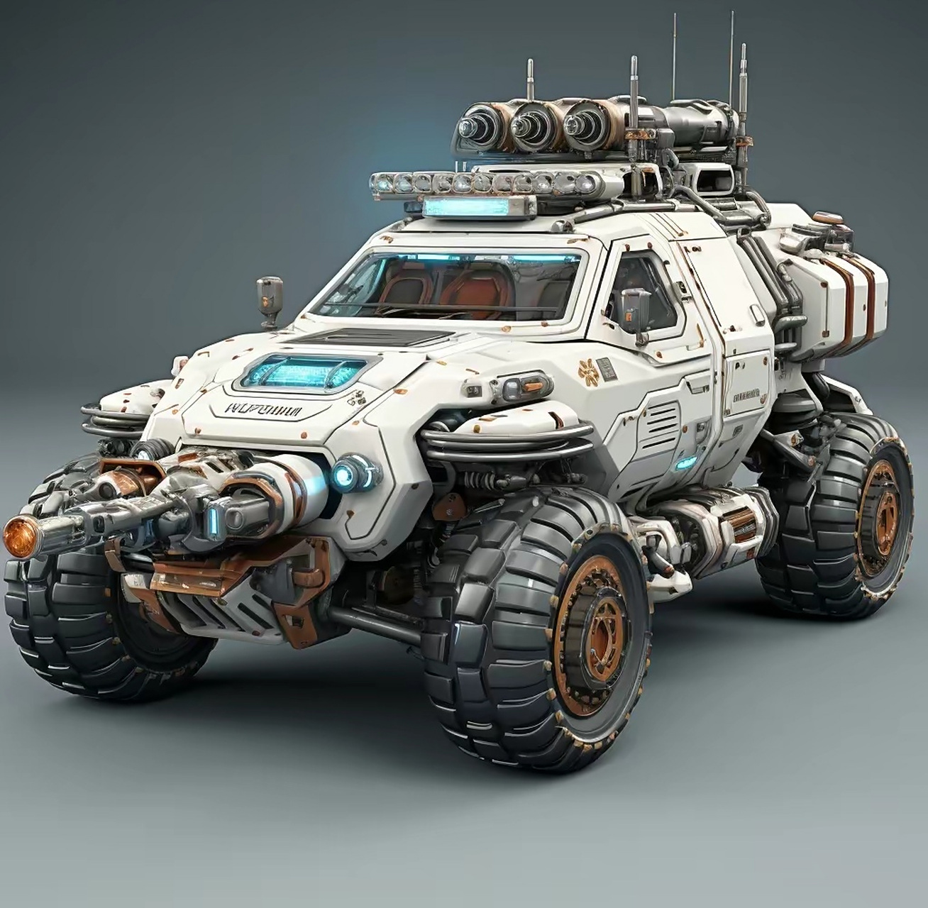 的一组轮式装甲车辆作品,每一辆都根据任务进行了改装,安装了各种武器