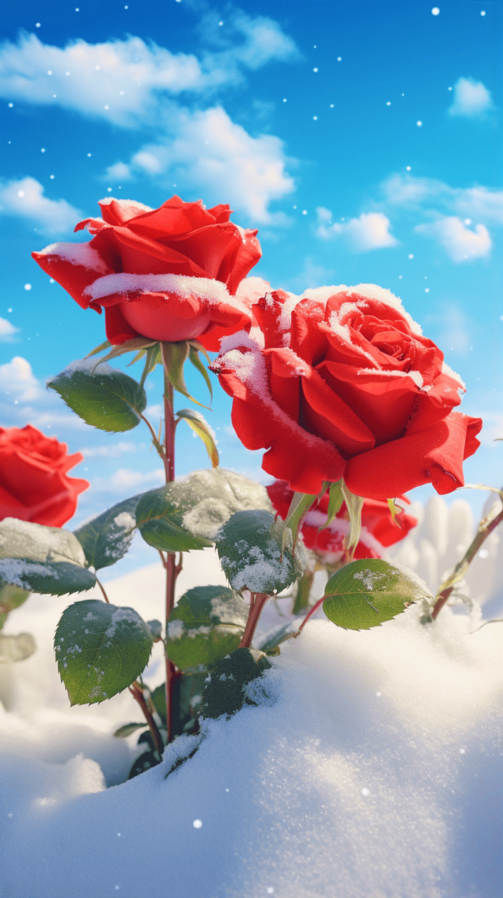 娇艳欲滴的红玫瑰和皑皑白雪,强烈的视觉冲击,却也相得益彰.