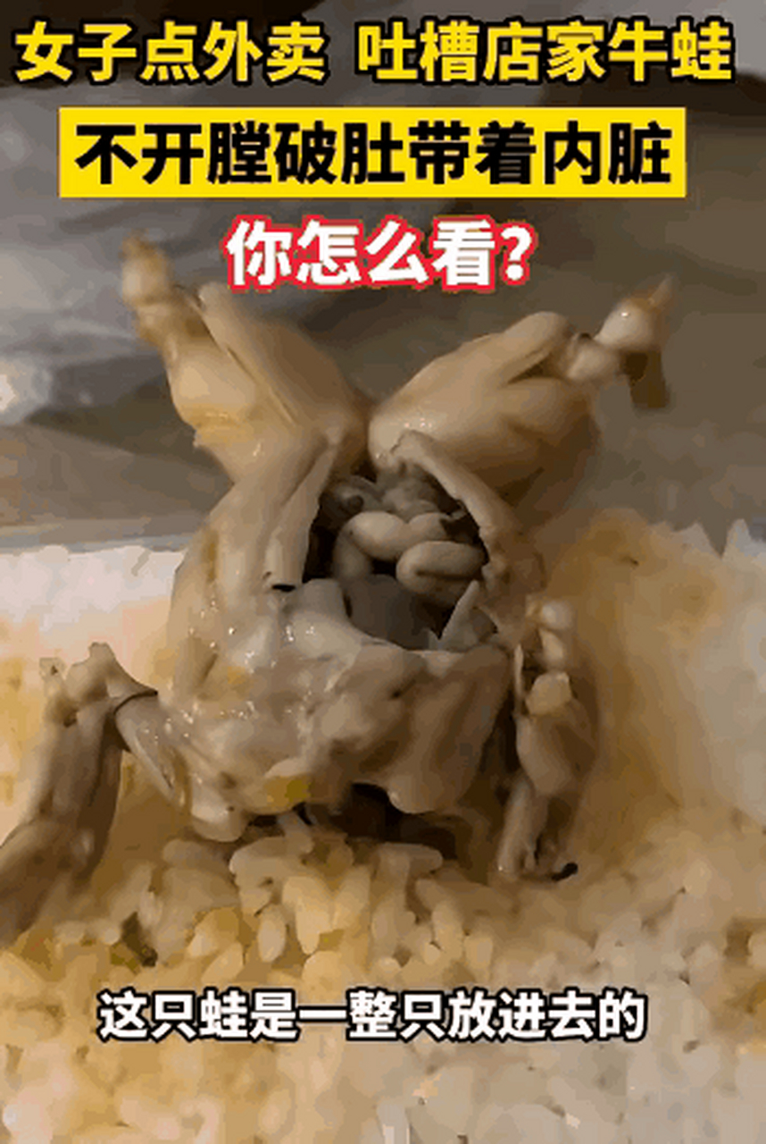 太恶心了吧,女子点外卖,牛蛙居然没有开膛破肚里面还有,内脏大肠,女子