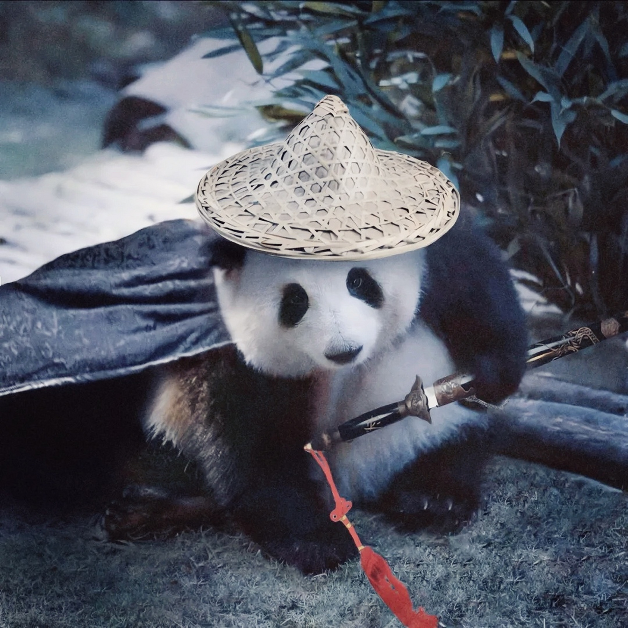 大熊猫# 一代女侠,成和花! 头戴斗笠,一袭披风,单手仗剑走天涯!