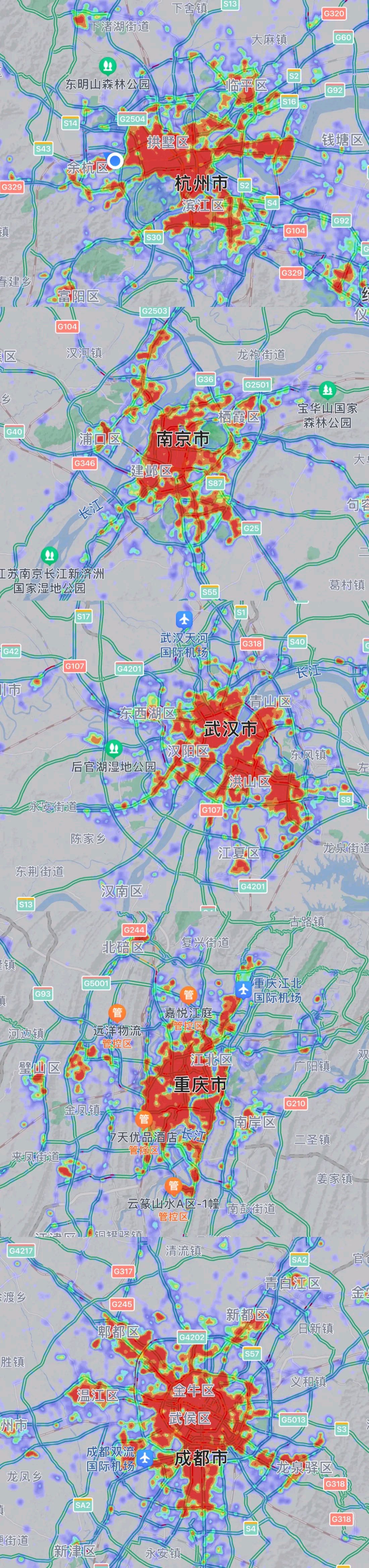 重庆,南京,武汉,杭州,成都5大王牌二线城市热力图对比,你觉得哪个城市
