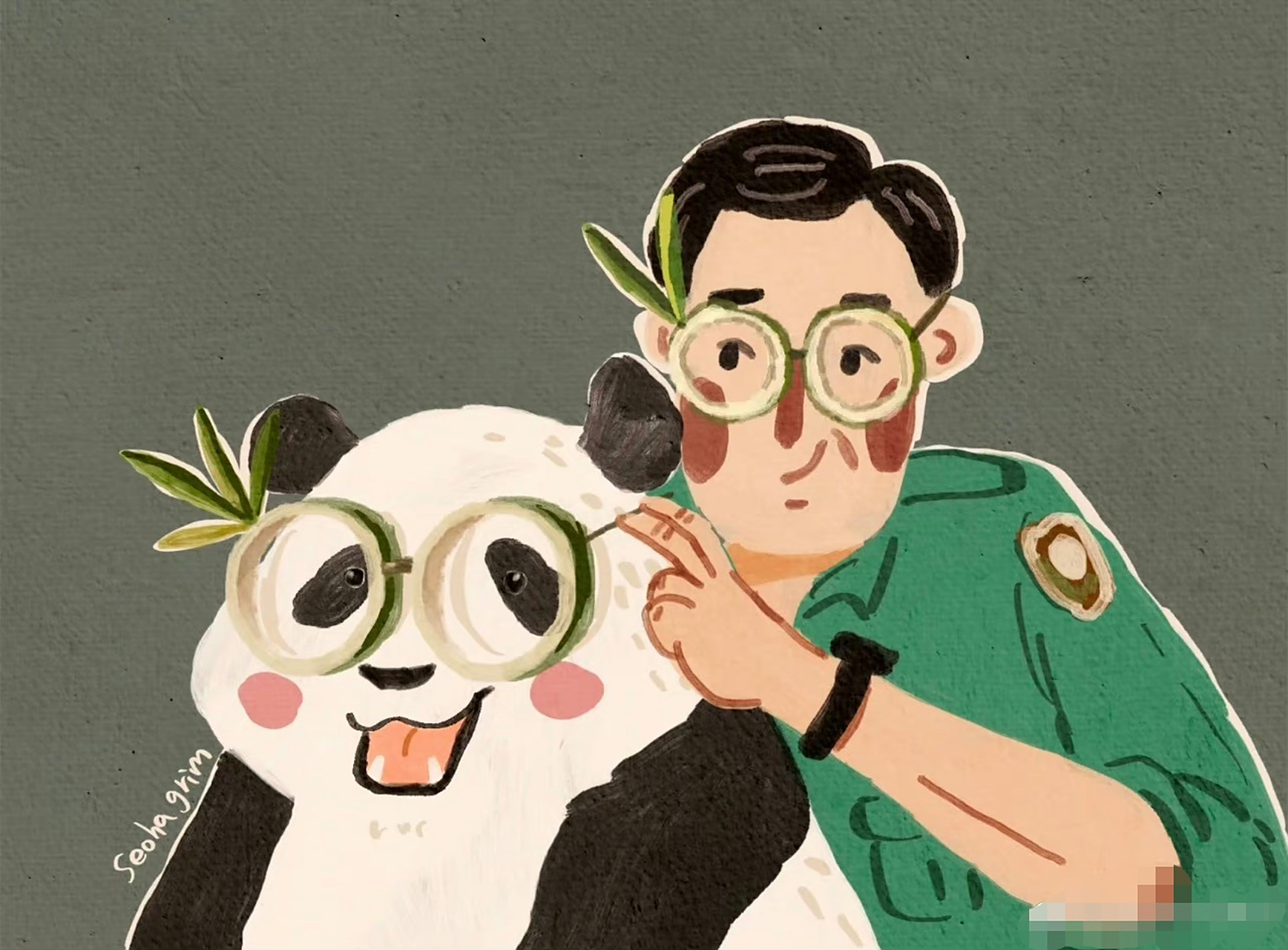 熊猫福宝和宋爷爷的插画,宋爷爷点赞了,原博主画得真好[good] #大熊猫