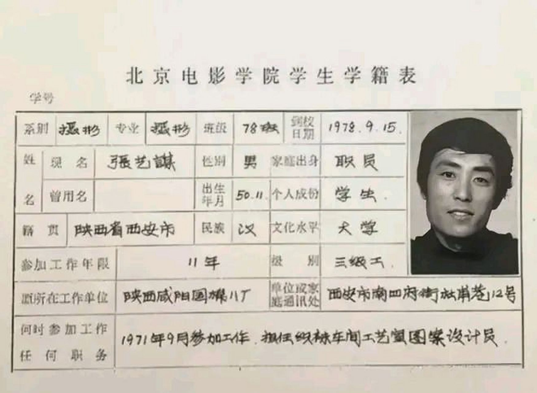 1978年,张艺谋通过高考考上北京电影院后的学籍表,字迹工整,如同印刷