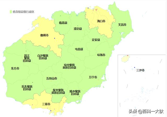 地級市:海口市,三亞市,三沙市,儋州市,縣級市:五指山市,瓊海市,文昌市