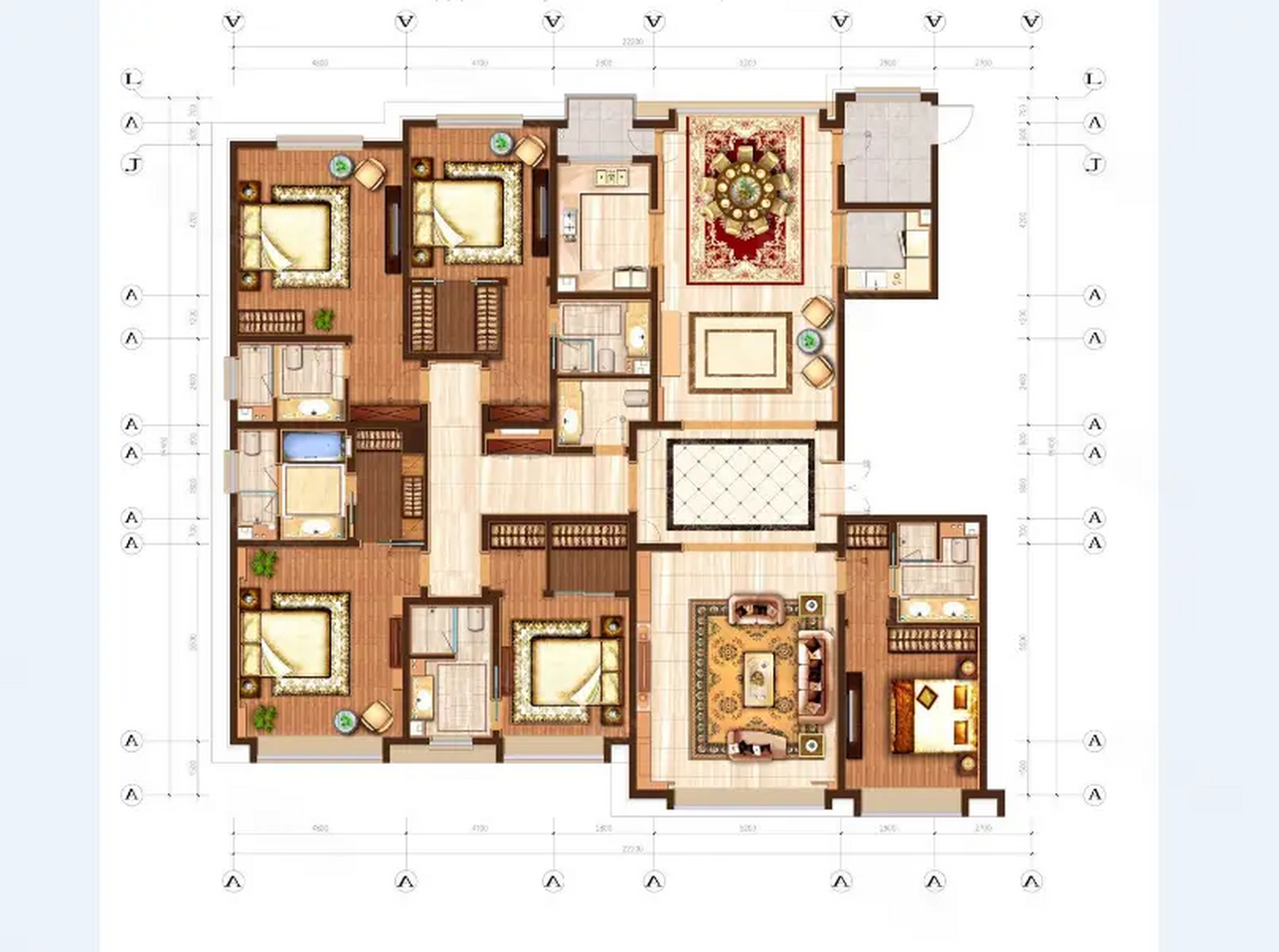 这个大平层户型太厉害了,五个卧室,五个卫生间,每个房间都是总统套房