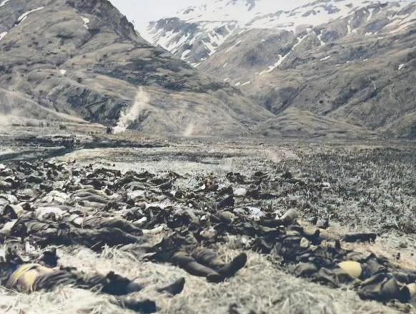 第2次世界大战中阿图岛战役日军玉碎冲锋之后留下的一地尸体.