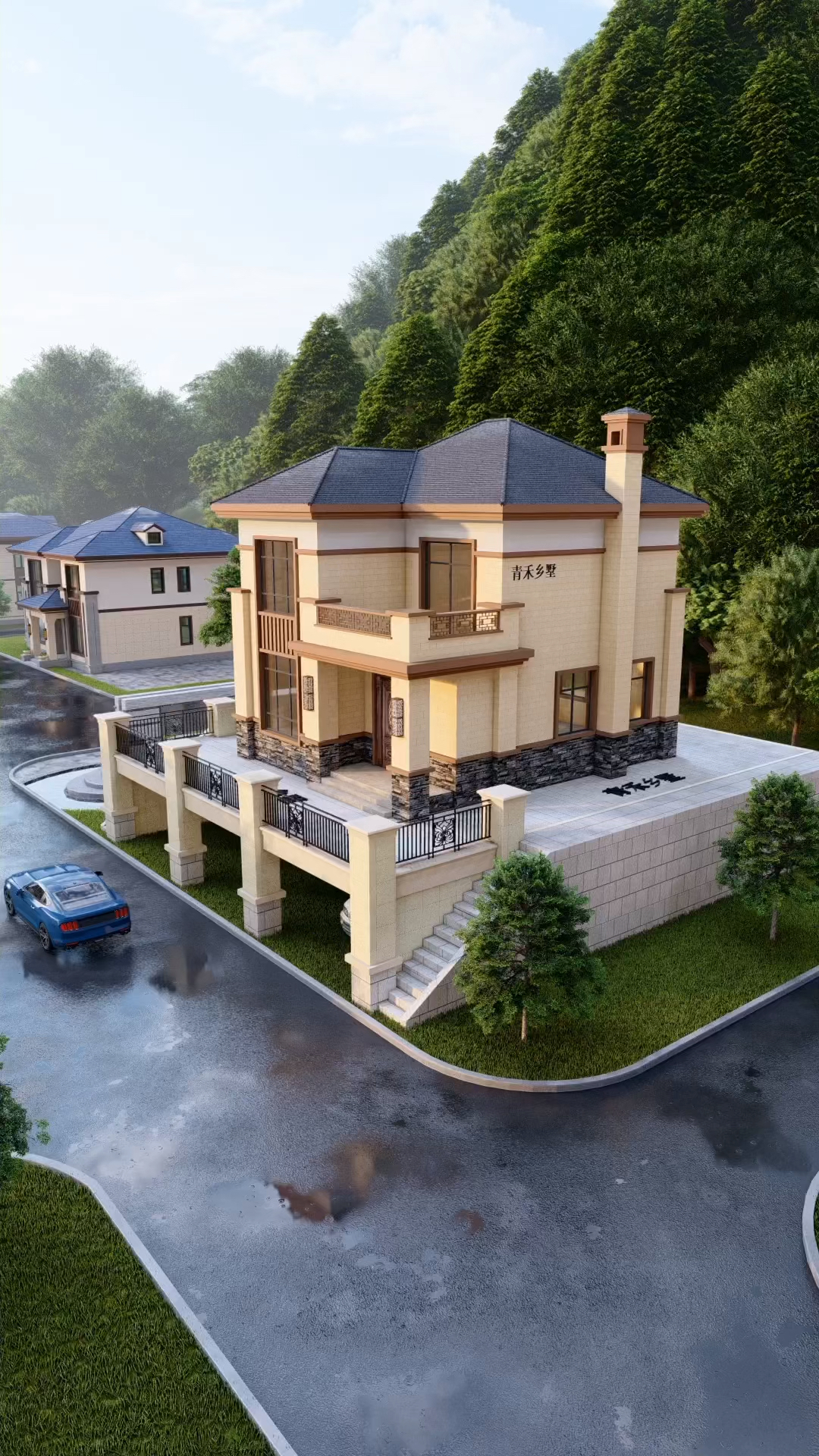 农村自建房新中式二层别墅,下面做个架空层,简单实用#农村自建房#-度