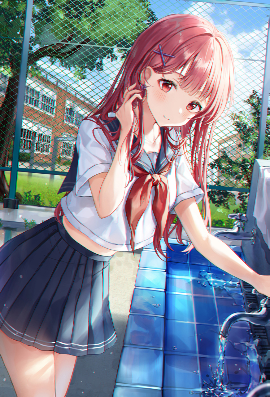 二次元# 身穿夏季制服的女学生,三三两两地走在放学回家的路上,边拿