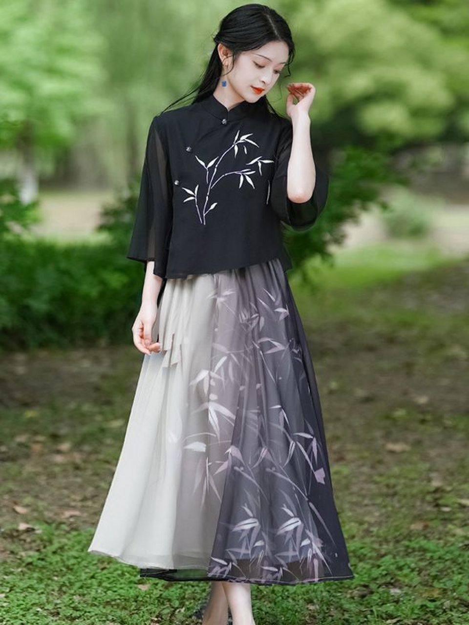 新中式国风竹林水墨印花改良汉元素改良唐装上衣半身裙禅茶服套装