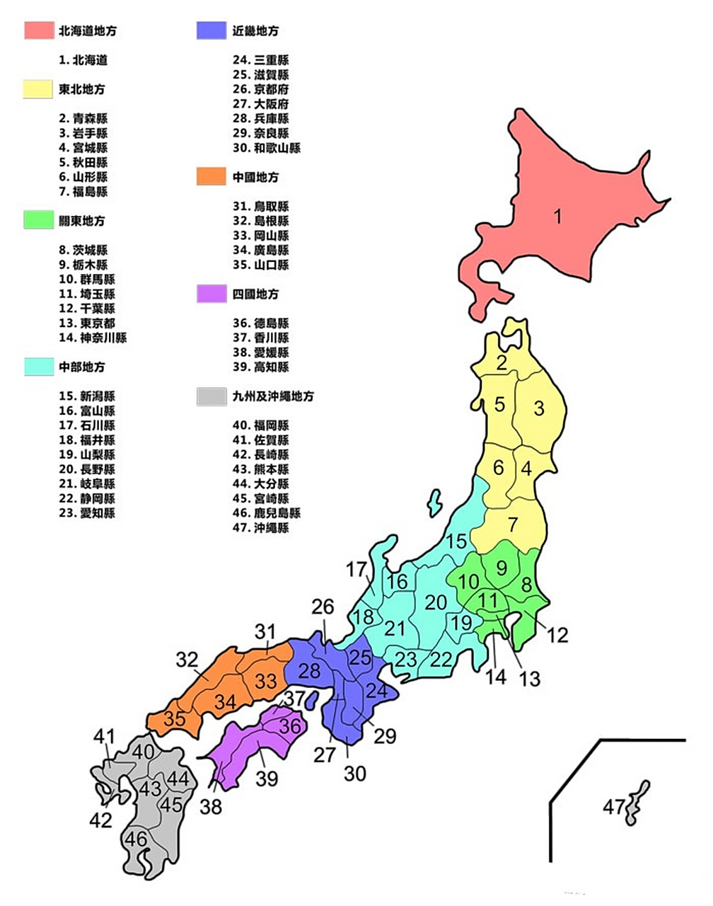 日本:  47个一级行政区:1都(东京都),1道(北海道),2府(大阪府,京都府)