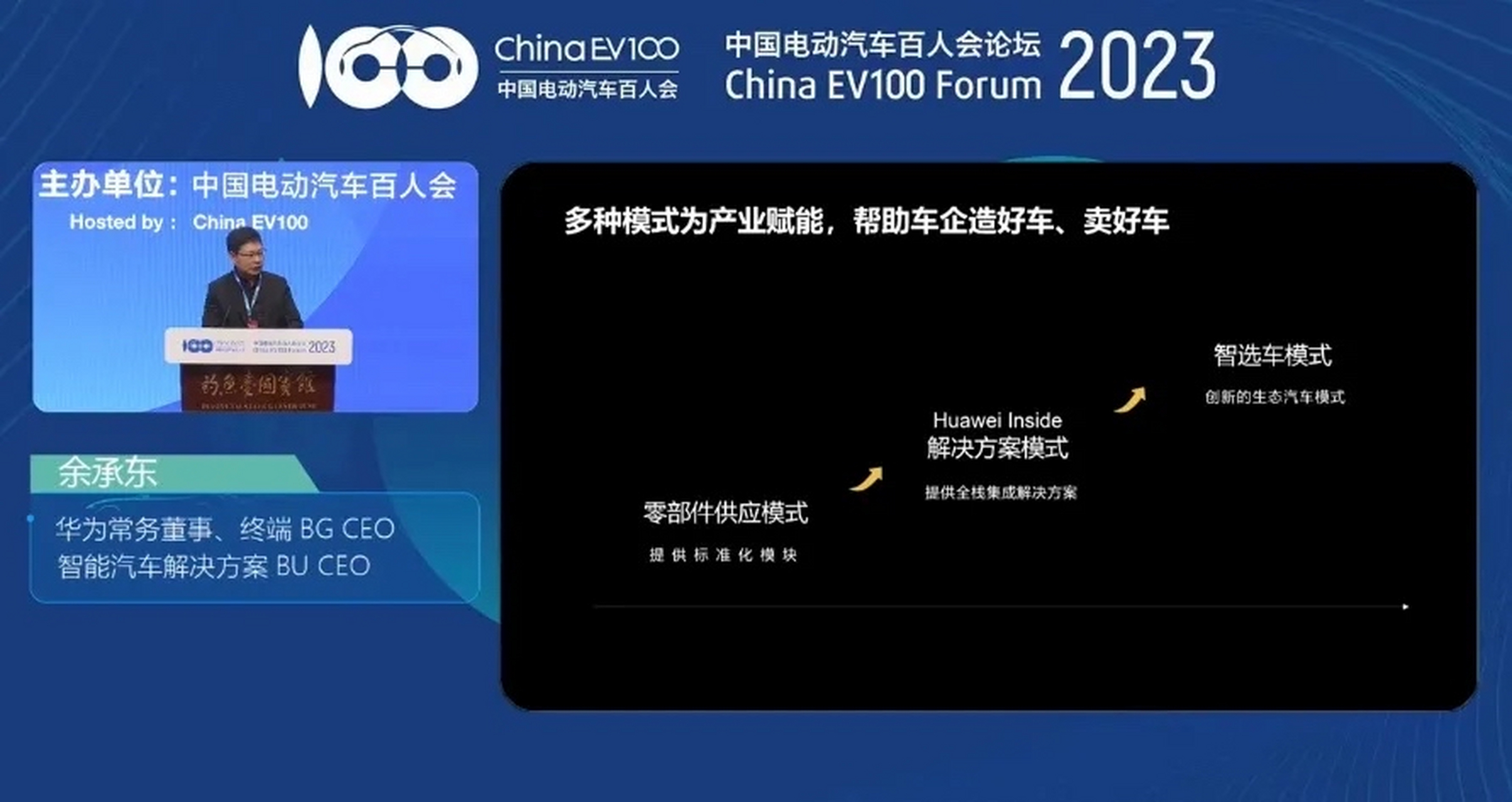 餘承東正在中國電動汽車百人會論壇上發言,大致意思是華為原本想做