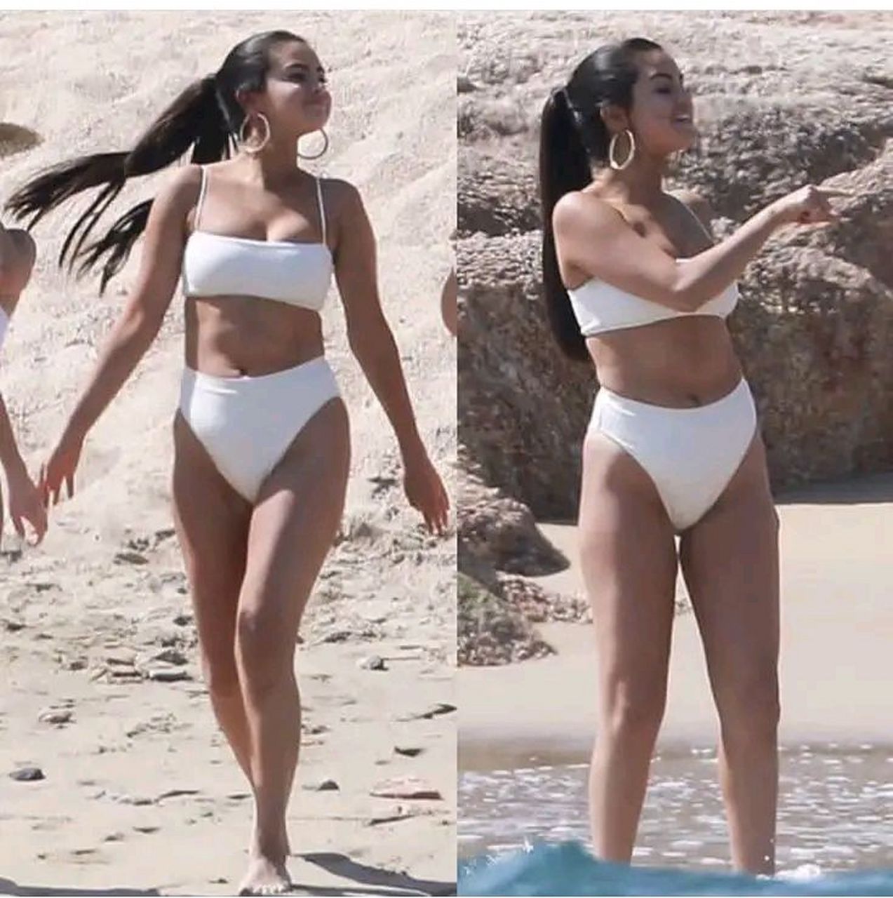 赛琳娜戈麦斯的白色系泳装造型,穿出她纤细婀娜的身姿线条,显得阳光又