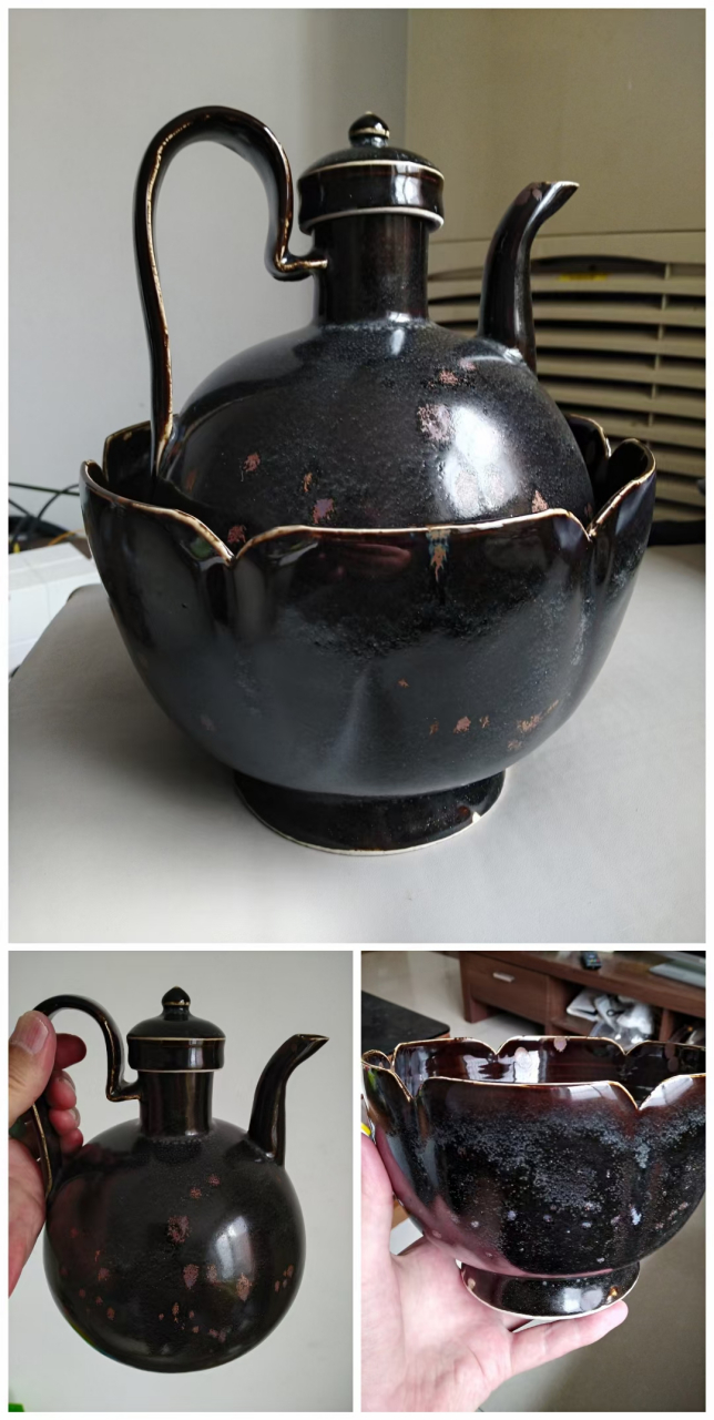 分享一套北宋定窑黑釉温酒器(执壶:温碗)资料显示:有黑定色黑如柒土具