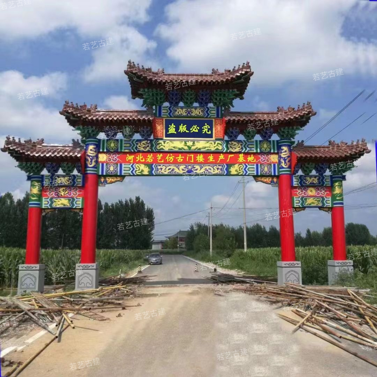 大跨度水泥牌楼,村口仿古牌坊,五楼水泥门楼,仿古门头,双排柱牌楼等多