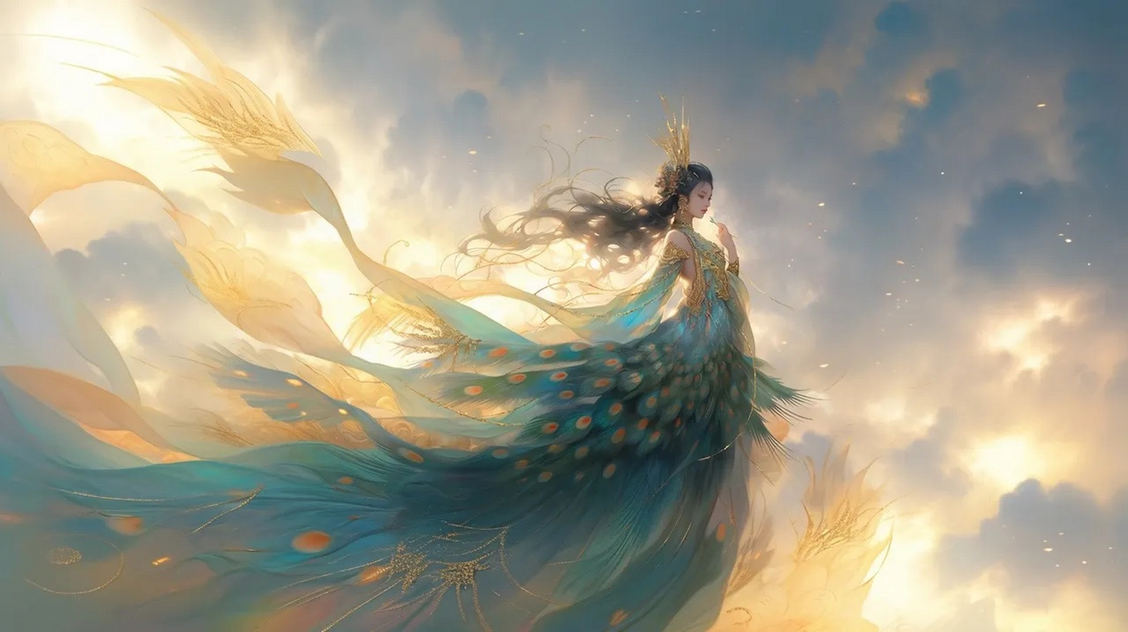 古风美女插画,玉肌盈盈,蛮腰芊芊,银莲碧叶景亦幻