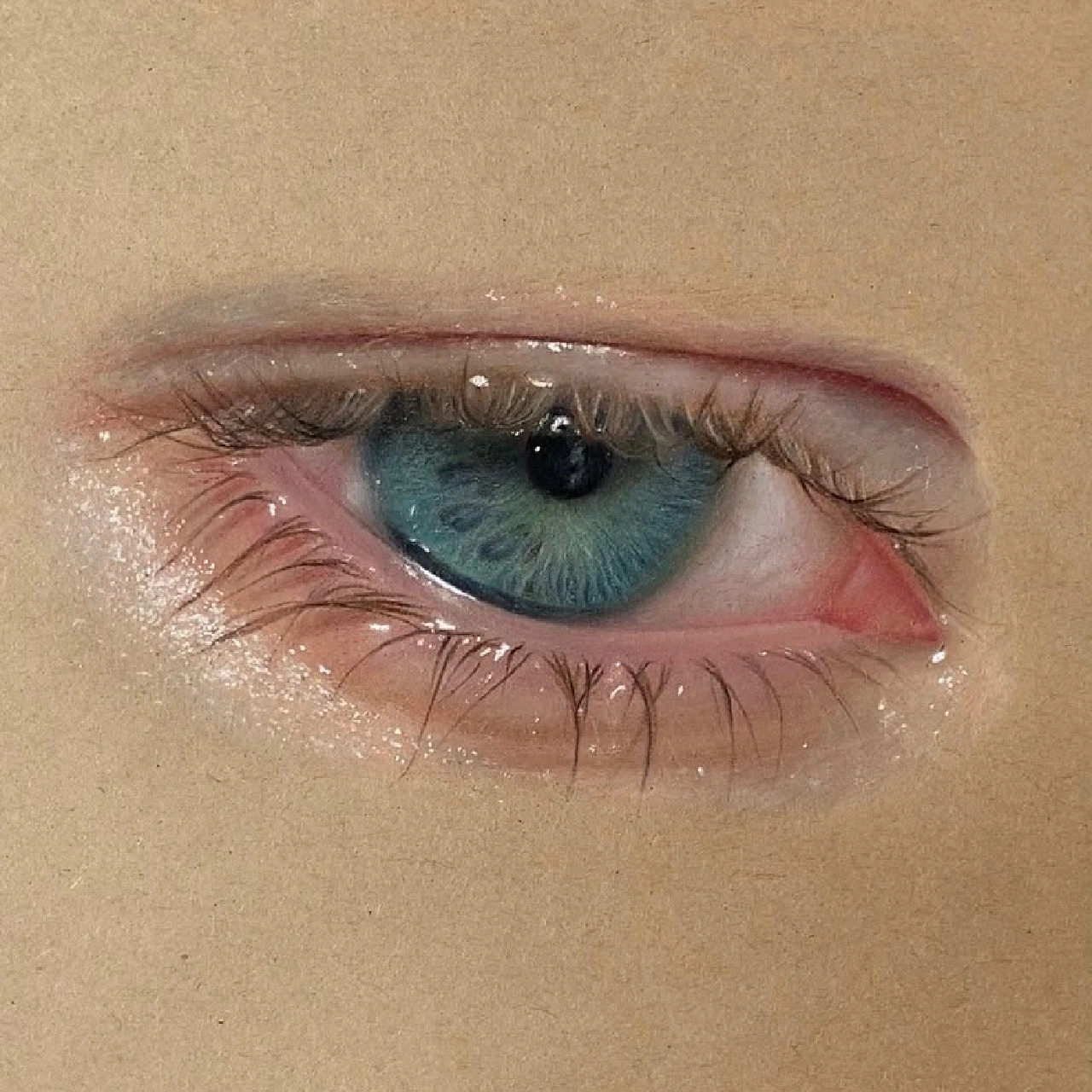 在有色卡纸上的色粉彩铅眼睛绘画,这是一个有故事的眼睛,从眼睛里看到