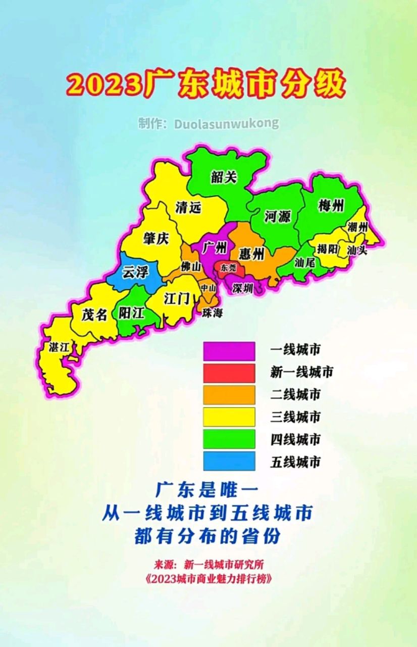 2023广东各市分级,一线城市到五线城市都有