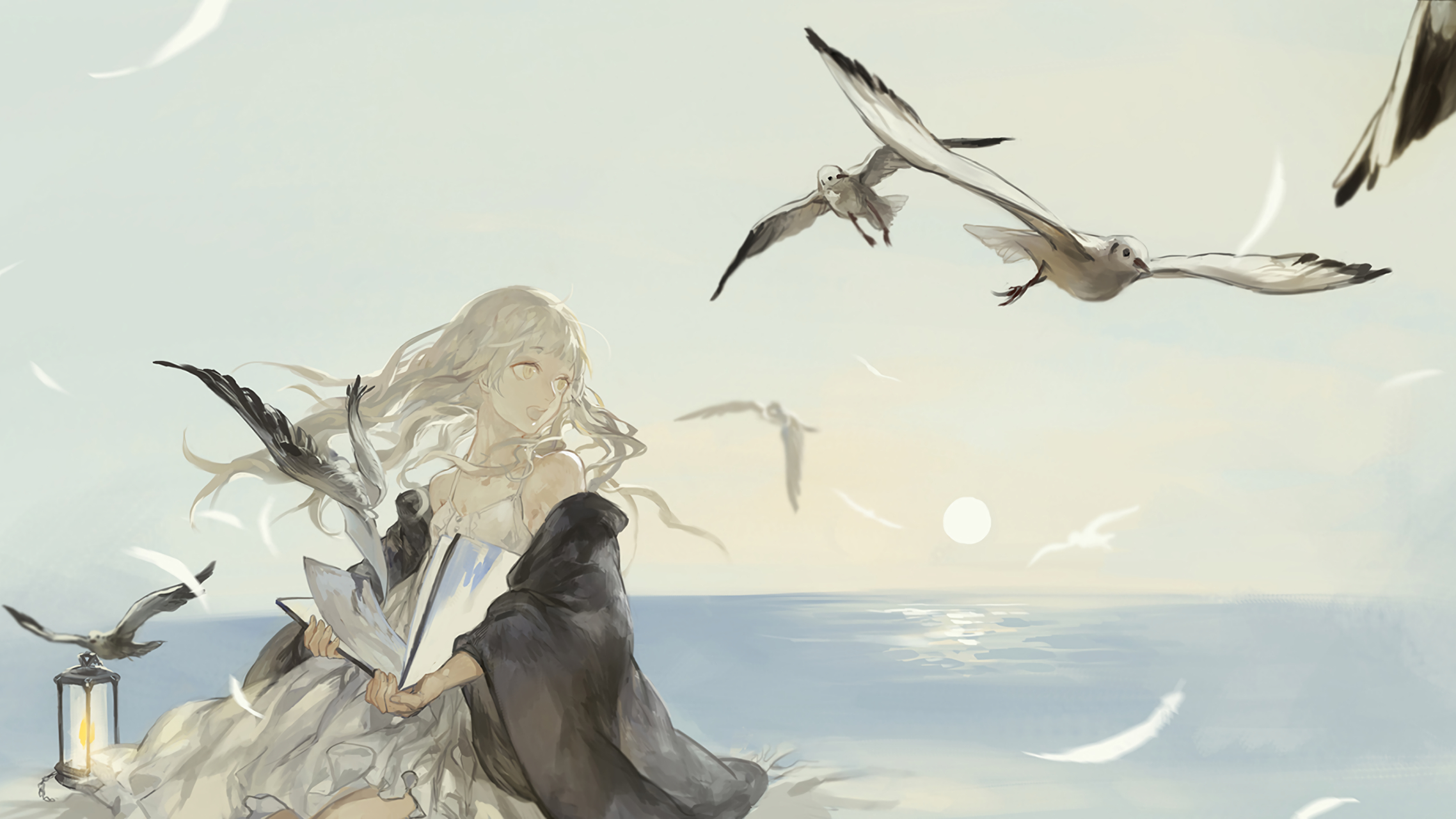 海边的美少女与海鸥#二次元美图# #动漫美图