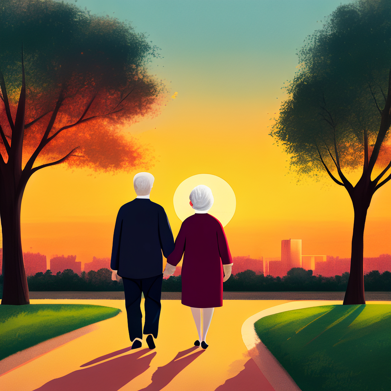 画一副夕阳西下,一对老年夫妻相互搀扶在公园散步