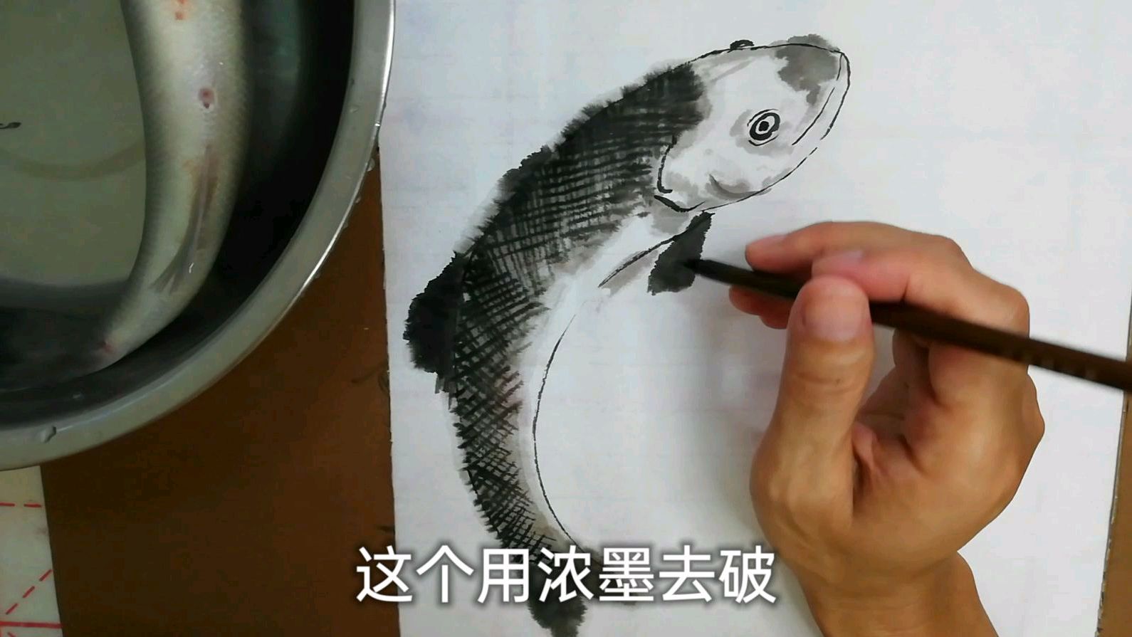 国画写生:刚买的鲈鱼,就立即用水墨把它画下来