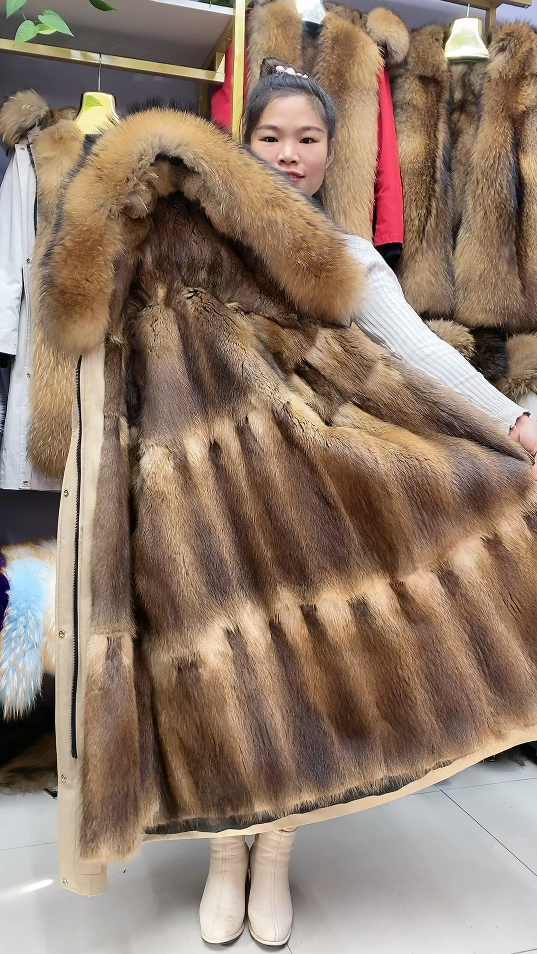 长款派克服青根貂可拆卸内胆貉子毛领修身显瘦真毛一起皮草大衣