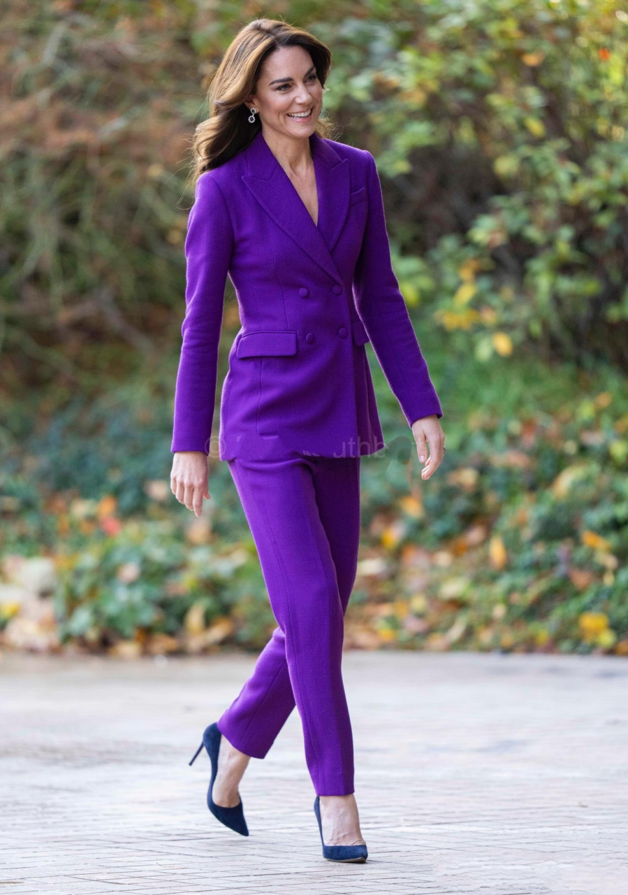 她戴着婆婆戴安娜王妃的蓝宝石耳环,身穿紫色西服发表演讲.