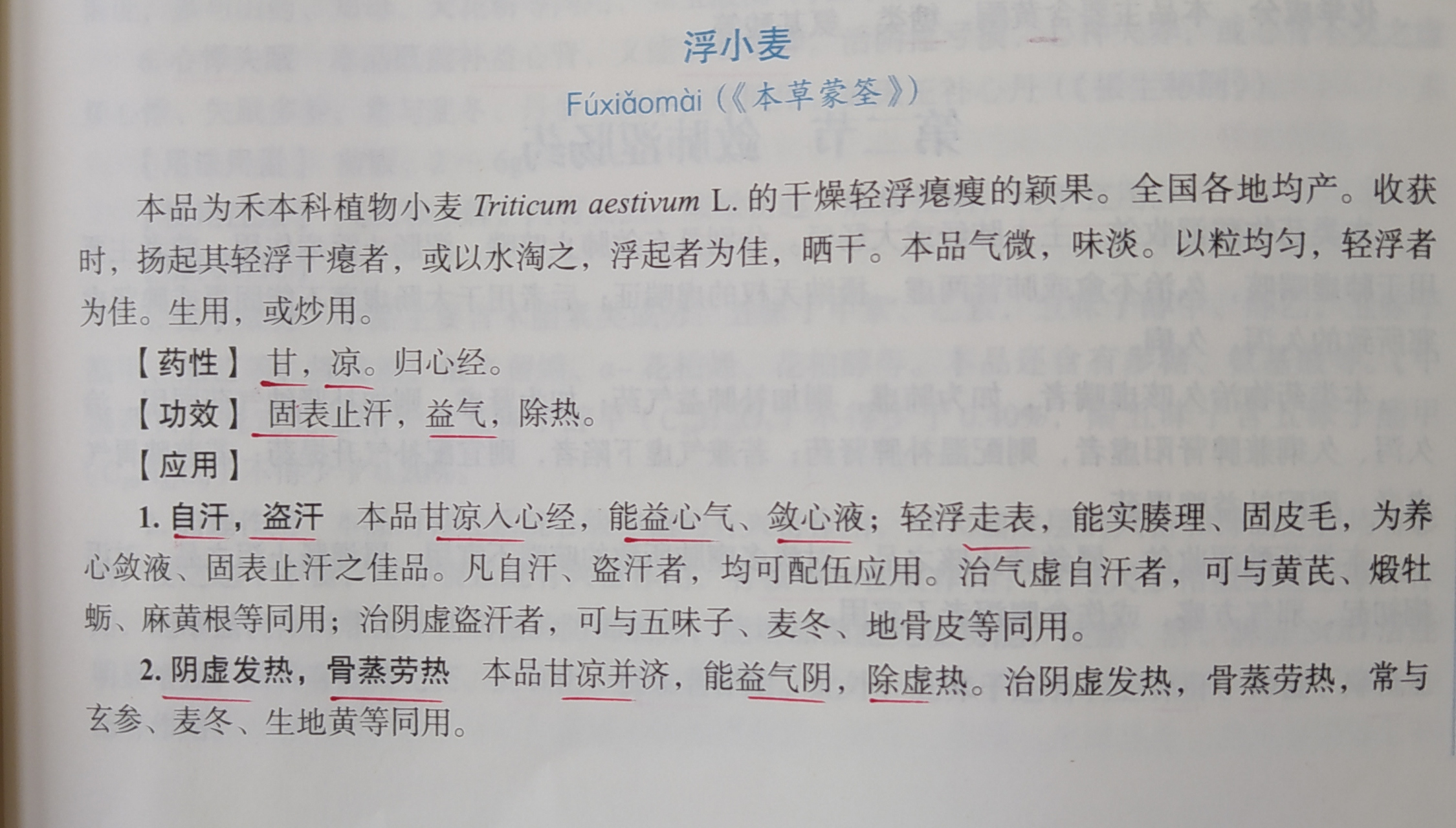 中药"浮小麦"一一具有"固表止汗,益气,除热"之功效