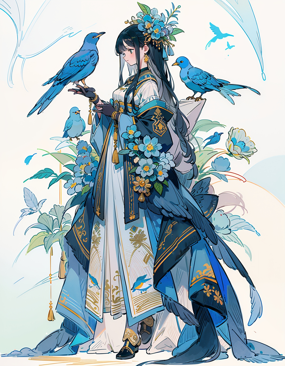 青鸟与古风少女(ai画作质量好高) ai画师:日向#二次元美图# #我爱二