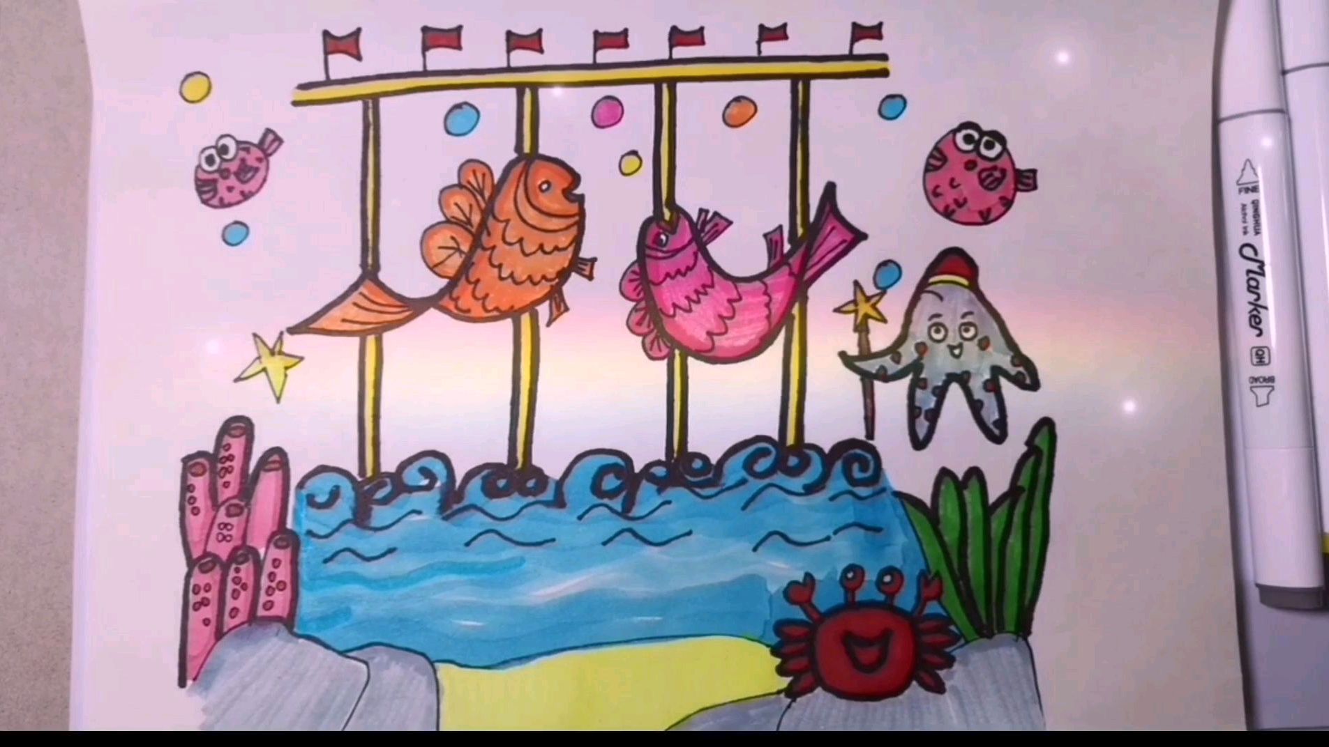 手绘 简笔画 鱼儿水中游