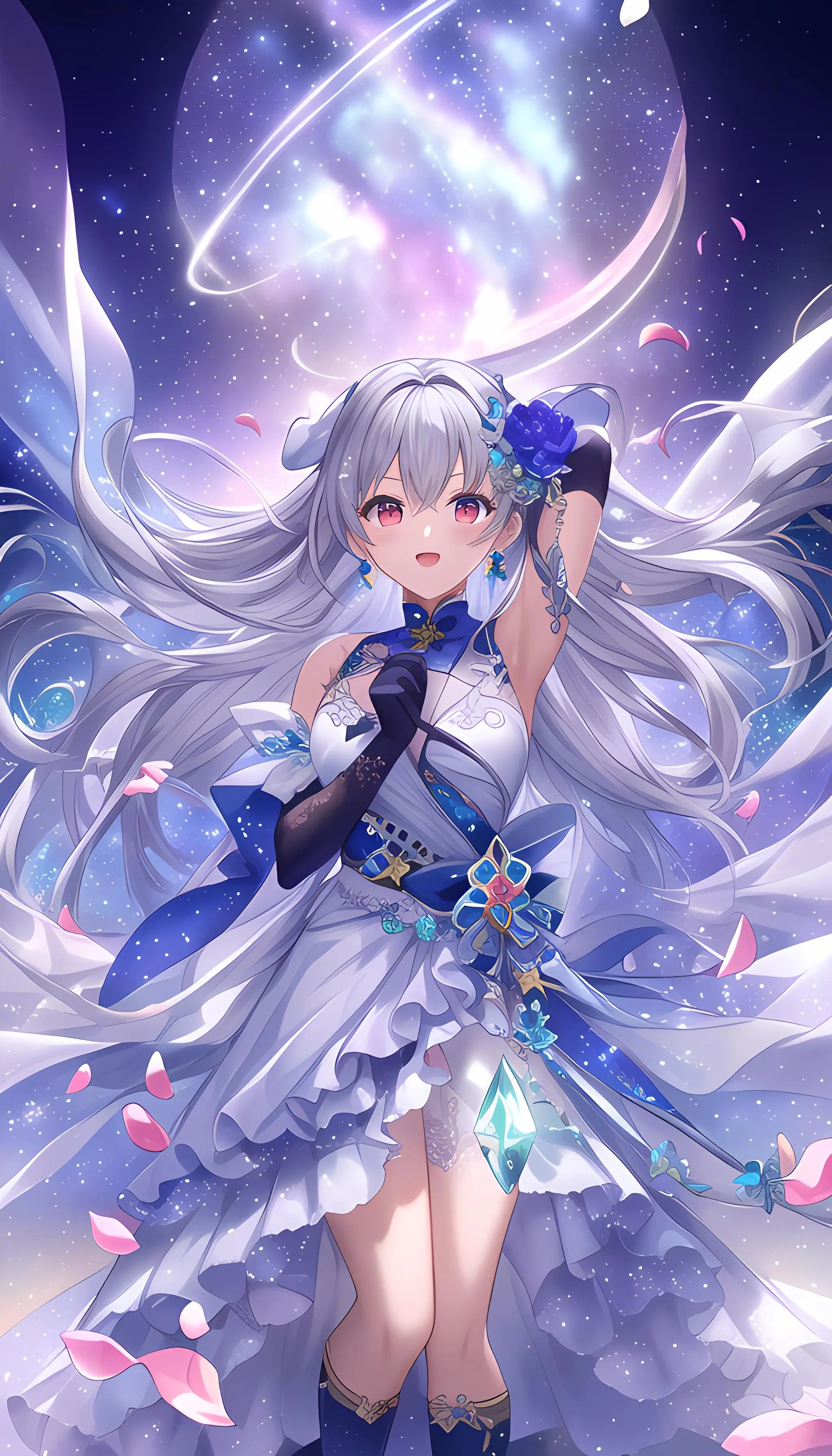 星空下花海里的少女