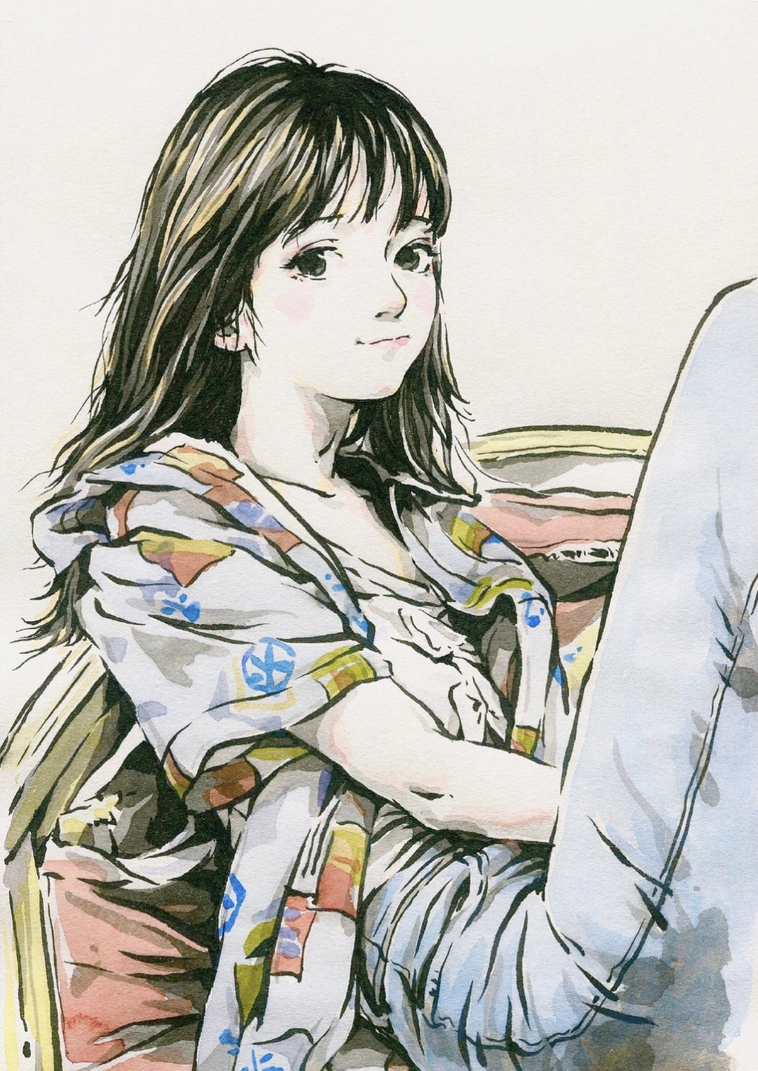 手绘水墨风格女孩插画