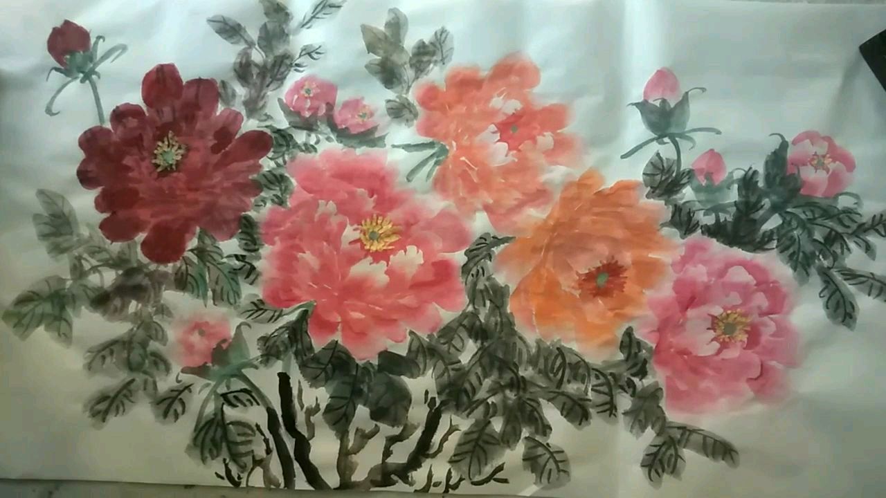 花鸟画327,横披大幅牡丹花的画法!