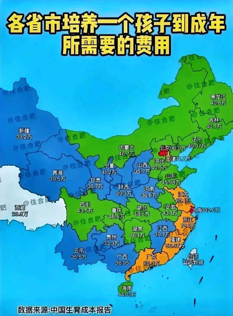 全国  各省市养育一个孩子到成年所需费用  上海  培养一个孩子到成年
