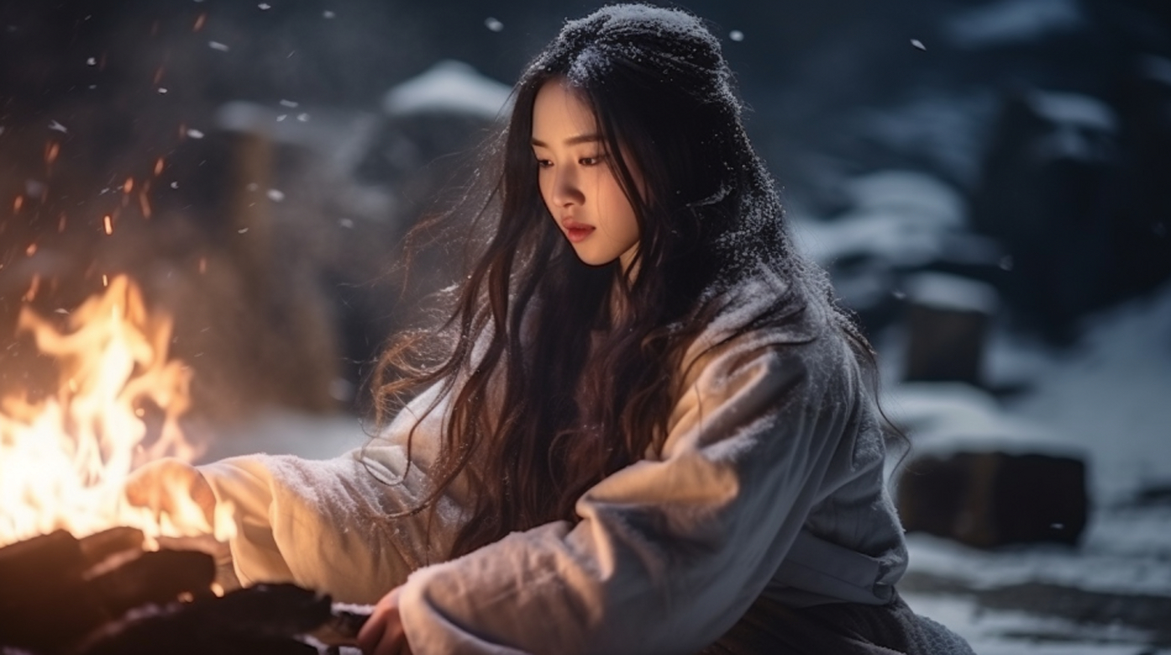 在这寂静的冬日,一个身穿古装的年轻女子坐在雪地里,面前生着一个火堆
